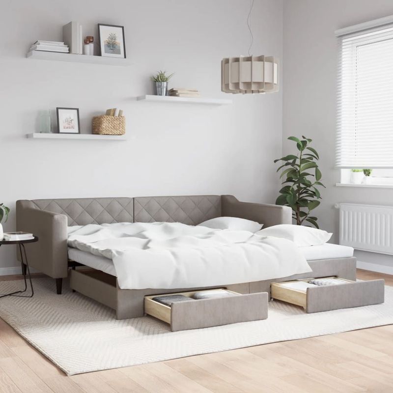 vidaXL - Slaapbank - met - onderschuifbed - en - lades - 100x200 - cm - stof - taupe