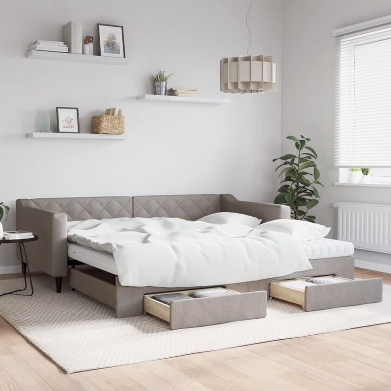 vidaXL - Slaapbank - met - onderschuifbed - en - lades - 100x200 - cm - stof - taupe