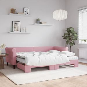 vidaXL Slaapbank onderschuifbed en matrassen 80x200 cm fluweel roze