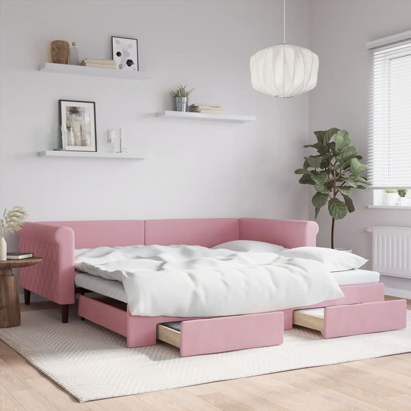 vidaXL - Slaapbank - met - onderschuifbed - en - lades - 100x200 - cm - fluweel - roze
