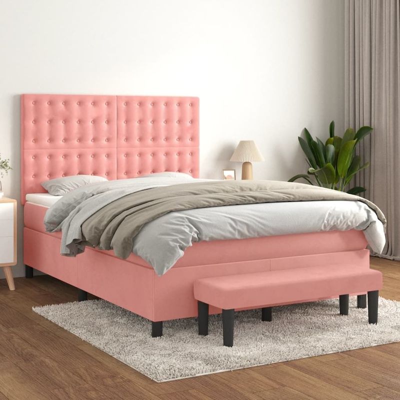 vidaXL Boxspring met matras fluweel roze 140x200 cm