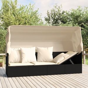 vidaXL - Loungebed - met - luifel - en - kussens - poly - rattan - zwart