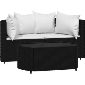 vidaXL 3-delige Loungeset met kussens poly rattan zwart