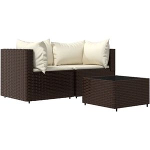 3-delige Loungeset met kussens poly rattan bruin