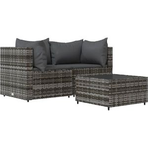 vidaXL 3-delige Loungeset met kussens poly rattan grijs