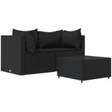 vidaXL 3-delige Loungeset met kussens poly rattan zwart