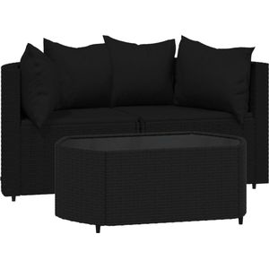 vidaXL 3-delige Loungeset met kussens poly rattan zwart