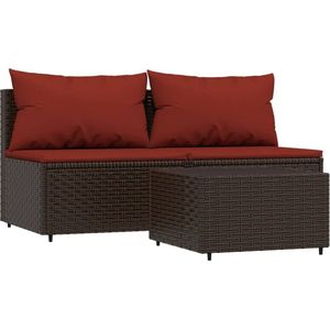 vidaXL 3-delige Loungeset met kussens poly rattan bruin