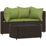 vidaXL 3-delige Loungeset met kussens poly rattan bruin