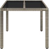 vidaXL Tuintafel met glazen blad 90x90x75 cm poly rattan grijs