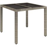 vidaXL Tuintafel met glazen blad 90x90x75 cm poly rattan grijs