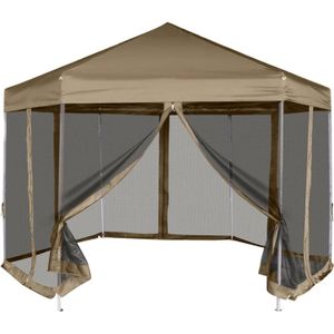 <p>Deze inklapbare partytent is ideaal voor een breed scala aan buitenactiviteiten, zoals shows, bruiloften, feesten, barbecues, festivals enzovoort.</p>
<p>Het dak van de tuintent is gemaakt van waterbestendig polyesterweefsel met een PA-coating. Het heeft een eenvoudige uitstraling, is ademend, duurzaam en waterafstotend.</p>
<p>De tuinpaviljoen is gemaakt van robuust, gepoedercoat staal met een stevige zeshoekige constructie, waardoor het stabiel is.</p>
<p>De tuintent kan eenvoudig worden ingeklapt wanneer hij niet wordt gebruikt, zodat hij gemakkelijk opgeborgen en vervoerd kan worden.</p>
<p>De 6 zijwanden van gaas kunnen volledig worden afgesloten met dubbele ritssluitingen en kunnen ook met touwen aan de palen worden bevestigd voor eenvoudige toegang en luchtventilatie.</p>
<p>Om de montage zo eenvoudig mogelijk te maken, wordt er bij elk product een handleiding meegeleverd.</p>
<p>Let op: Dit product is niet geschikt voor gebruik bij slechte weersomstandigheden, zoals sterke wind, hevige regen, sneeuw, storm, enz.</p>
<ul>
  <li>Kleur: taupe</li>
  <li>Materiaal frame: gepoedercoat staal</li>
  <li>Materiaal dak: 220 g/m² polyester met PA-coating</li>
  <li>Afmetingen: 3,6 x 3,1 x 2,8 m (L x B x H)</li>
  <li>Diagonale lengte: 3,6 m</li>
  <li>Zijlengte: 1,8 m</li>
  <li>Hoogte poot: 2,1 m</li>
  <li>6 zijwanden van gaas met dubbele ritsen</li>
  <li>Waterbestendig</li>
  <li>Levering bevat: 1 x partytent, 12 x grondpen, 6 x bevestigingstouw</li>
</ul>