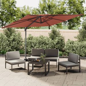 <p>Deze elegante zweefparasol met dubbel dak is de perfecte keuze om wat schaduw te creëren en jezelf te beschermen tegen de schadelijke uv-stralen van de zon.</p>
<p>Duurzaam materiaal: polyester is een synthetisch materiaal dat bekend staat om zijn uv-bestendigheid en rekbaarheid. Polyester met een PA-coating is waterbestendig, waardoor het een perfecte keuze is voor vochtige of regenachtige omstandigheden. Het is ook eenvoudig schoon te maken.</p>
<p>Stevige structuur: dankzij de sterke paal van gepoedercoat aluminium en de 15 duurzame baleinen is deze parasol zeer stabiel en duurzaam. De tuinparasol heeft ook een stevige kruisvoet voor extra stabiliteit.</p>
<p>Kantelbaar en 360 graden draaibaar: pas de stand van je parasol aan middels het kantelmechanisme om je buitenruimte de hele dag koel en comfortabel te houden. Je kunt de parasol ook horizontaal 360 graden draaien door simpelweg op de pedaal te trappen en de stok te draaien.</p>
<p>Ontwerp met dubbel dak: het ontwerp zorgt voor voldoende ventilatie en luchtstroom, waardoor je terrasparasol stabieler is tegen winderige weersomstandigheden en de koeling eronder behouden blijft.</p>
<p>Zwenksysteem: door het zwenkmechanisme kan de parasol moeiteloos geopend en gesloten worden. Opmerking: Dit product is niet 100% waterdicht. We raden daarom aan om het te behandelen met een waterdichte spray voor een betere waterdichte functie.</p>
<p>Bij elk product wordt een montagehandleiding in de doos geleverd, voor eenvoudige montage.</p>
<ul>
  <li>Kleur doek: terracotta</li>
  <li>Materiaal: stof (100% polyester) met een PA-coating, gepoedercoat aluminium</li>
  <li>Totale afmetingen: 300 x 300 x 258 cm (L x B x H)</li>
  <li>Afmetingen kruisvoet: 100 x 100 cm (L x B)</li>
  <li>Met ventilatie</li>
</ul>