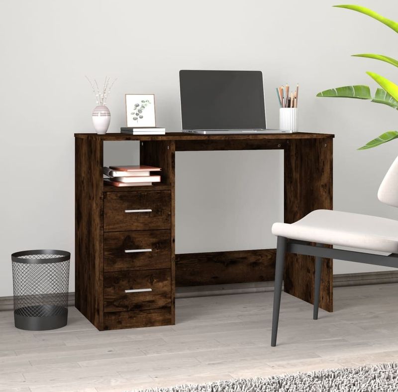 vidaXL Bureau - Gerookt Eikenkleurig - Bewerkte Hout - 3 Lades