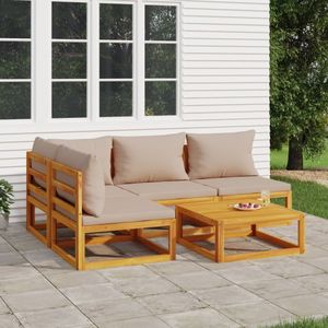 vidaXL - 5-delige - Loungeset - met - taupe - kussens - massief - hout