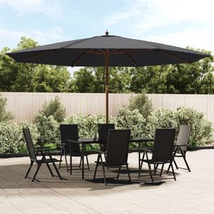 <p>Deze parasol is de perfecte keuze om schaduw te creëren en jezelf te beschermen tegen schadelijke uv-stralen. Gemaakt van duurzaam en kleurvast polyester biedt deze parasol optimale zonbescherming. Het materiaal is eenvoudig schoon te maken.</p>
<p>Met een stabiel frame van hardhout en duurzame baleinen is deze parasol zeer stabiel en gaat lang mee. Het ventilatierooster aan de bovenkant zorgt voor wind- en warmteafvoer, waardoor deze parasol ideaal is voor buitenactiviteiten.</p>
<p>De parasol is eenvoudig te bedienen dankzij het dubbele katrolsysteem. Let op: dit product is niet 100% waterdicht. We raden aan om het te behandelen met een waterdichte spray voor betere waterbestendigheid.</p>
<ul>
  <li>Kleur: zwart</li>
  <li>Materiaal frame: massief hardhout met een teakkleur en gelamineerd bamboe</li>
  <li>Materiaal hoes: stof (100% polyester)</li>
  <li>Totale afmetingen: 400 x 273 cm (ø x H)</li>
  <li>Diameter paal: 38 mm</li>
  <li>Met ventilatiegat</li>
  <li>Met 8 baleinen</li>
  <li>Met een dubbel katrolsysteem</li>
  <li>Montage vereist: ja</li>
</ul>