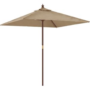 <p>Deze parasol is de perfecte keuze om wat schaduw te creëren en jezelf te beschermen tegen de schadelijke uv-stralen van de zon.</p>
<p>Duurzaam materiaal: de parasol is gemaakt van uv-beschermend en kleurvast polyester en biedt je optimale bescherming tegen de zon.</p>
<p>Hij is eenvoudig schoon te maken.</p>
<p>Stabiel frame: dankzij de sterke hardhouten paal met duurzame baleinen is de parasol zeer stabiel en duurzaam.</p>
<p>Ventilatierooster: het extra stuk stof aan de bovenkant van de parasol zorgt voor wind- en warmteafvoer, waardoor de parasol een geweldige keuze is voor het buitenleven.</p>
<p>Eenvoudig te bedienen: de parasol kan dankzij het enkele katrolsysteem eenvoudig worden geopend en gesloten.</p>
<p>Opmerking: Let op: dit product is niet 100% waterdicht.</p>
<p>We raden aan dit product te behandelen met een waterdichte spray voor een betere waterbestendigheid.</p>
<ul>
<li>Kleur: taupe</li>
<li>Materiaal frame: massief hardhout met een teakkleur en gelamineerd bamboe</li>
<li>Materiaal hoes: stof (100% polyester)</li>
<li>Totale afmetingen: 198 x 198 x 231 cm (B x D x H)</li>
<li>Diameter paal: 38 mm</li>
<li>Met ventilatiegat</li>
<li>Met 4 baleinen</li>
<li>Beschikt over een enkelvoudig katrolsysteem</li>
<li>Montage vereist: ja</li>
</ul>