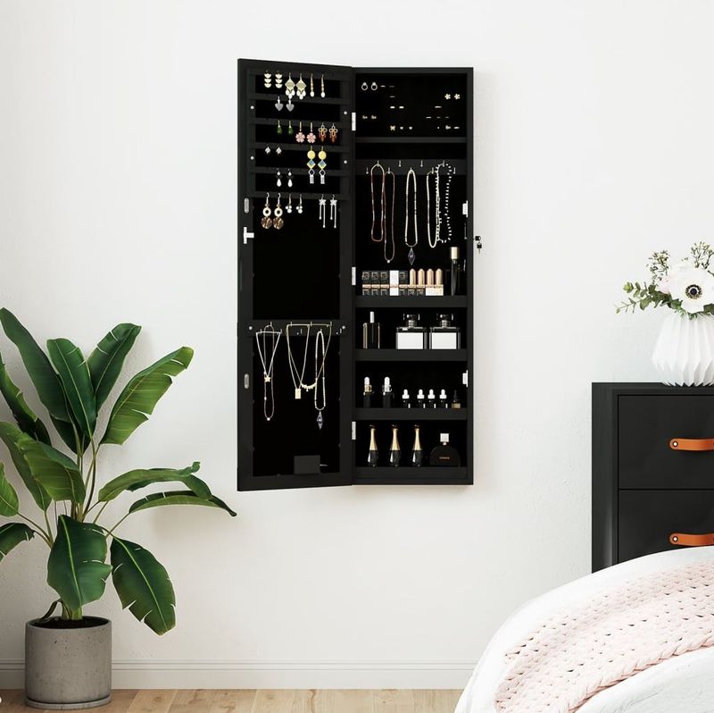 Spiegel-Schmuckschrank mit LED-Beleuchtung Wandmontage Schwarz Vidaxl