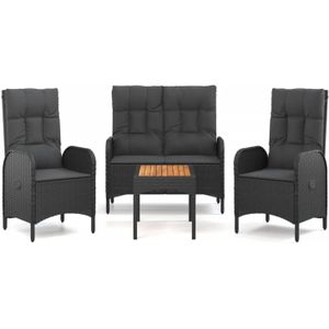 VidaXL 4-Delige Loungeset met Kussens - Poly Rattan Zwart