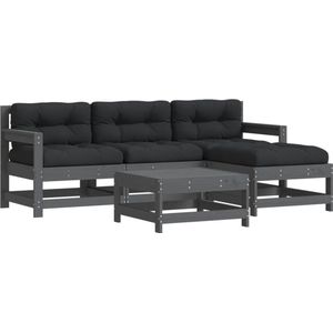 vidaXL - 5-delige - Loungeset - met - kussens - massief - hout - grijs