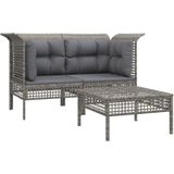 vidaXL 3-delige Loungeset met kussens poly rattan grijs