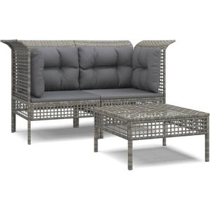 vidaXL 3-delige Loungeset met kussens poly rattan grijs