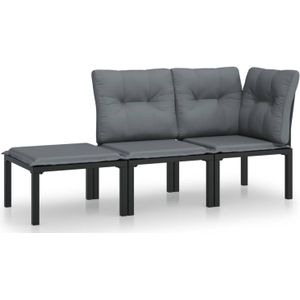 3-delige Loungeset met kussens poly rattan zwart en grijs