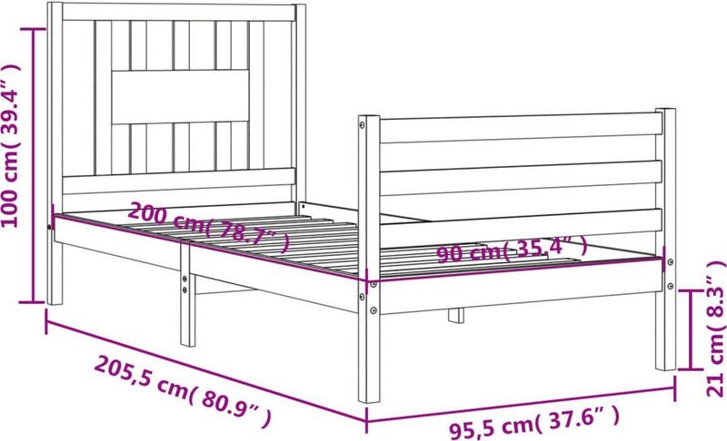 vidaXL Massivholzbett mit Kopfteil 90x200 cm