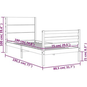 vidaXL Bedframe met hoofdbord massief hout wit 2FT6 Small Single