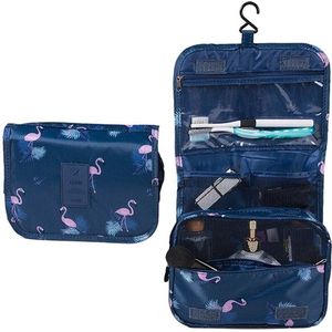 Fako Fashion® - Reis Toilettas Met Ophang Haak - Make-up Travel Bag - Organizer Voor Toiletartikelen - Reisartikelen - Travel Bag - Ophangbare Toilettas - Flamingo Donkerblauw