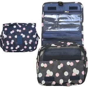 Fako Fashion® - Reis Toilettas Met Ophang Haak - Make-up Travel Bag - Organizer Voor Toiletartikelen - Reisartikelen - Travel Bag - Ophangbare Toilettas - Bloemen Navy Blauw