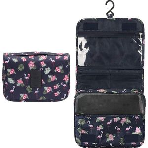 Fako Fashion® - Reis Toilettas Met Ophang Haak - Travel Bag - Organizer Voor Toiletartikelen - Reisartikelen - Travel Bag - Ophangbare Toilettas - Flamingo Zwart
