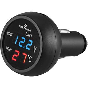 3-in-1 USB Autolader met Voltmeter + Thermometer - 12/24V - 9~70°C - USB 5V/2.1A - Blauw