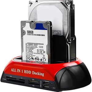 All-in-One HDD Docking Station + Kaartlezer - Docking Station Laptop/Desktop - Harde Schijf - USB 2.0 – HDD/SSD 2.5/3.5 - IDE/Sata/eSATA - Rood