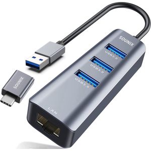 Sounix USB-C Naar Ethernet Adapter - RJ45 10/100/1000Mbps - USB 3.0  - Ethernet Adapter - USB Splitter - Space grey