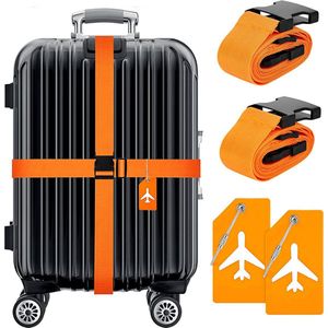 BOTC Kofferriem met Kofferlabel - 4-Delig Kofferband set - 2 Kofferband en 2 Bagagelabel - bagageriemen - Bagageband - Verstelbaar - Oranje