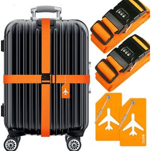 BOTC Kofferriem met Cijfer Slot - 4 stuks - 2 Kofferriem met cijferslot + 2 bagagelabels - 200 cm * 5 cm - Bagage Riem - Bagageband - Verstelbaar - Oranje