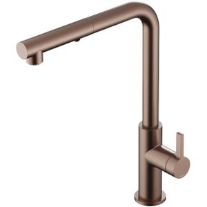 Keukenmengkraan Hotbath Ace met draaibare uitloop en uittrekbare duo-spray handdouche Geborsteld Koper PVD