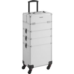 Signature Home Artist Cosmetica Koffer - make-up koffer - make-up trolley - 4-in-1 make-up koffer - make-up koffer voor op reis - grote kapperskoffer - afsluitbaar - 360° draaibare universele wielen - voor visagisten - kappers - zilver