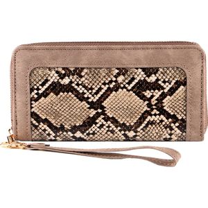 Nouka Khaki Bruine Dames Portemonnee met Slangenprint – Portefeuille – Clutch - PU Leer – met Ritssluiting – 12 Pasjes – Briefgeld - Muntgeld - Cadeau voor Vrouwen