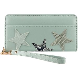 Nouka Licht Groene Dames Portemonnee met Sterretjes– Portefeuille – Clutch - PU Leer – met Ritssluiting – 12 Pasjes – Briefgeld - Muntgeld - Cadeau voor Vrouwen