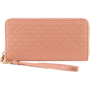 Nouka Zalm Roze Dames Portemonnee met Print – Portefeuille – Clutch - PU Leer – met Ritssluiting – 12 Pasjes – Briefgeld - Muntgeld - Cadeau voor Vrouwen