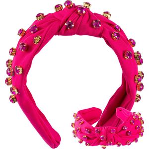 Nouka Roze Dames Diadeem – Met Roze Steentjes – Brede, Dikke, Puffy met Twist - Vrouwen Haarband - Cadeau voor Vrouwen