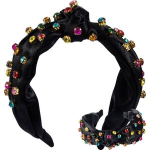 Nouka Zwarte Dames Diadeem – Met Multicolor Steentjes – Satijnen Gevoel – Brede, Dikke, Puffy met Twist - Vrouwen Haarband - Cadeau voor Vrouwen