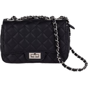 Nouka Zwarte Dames Tas – Handtas – Schoudertas – Crossbody – Avondtasje - met Ruitpatroon en Zilveren Tassenriem / Schouderriem