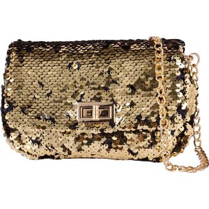 Nouka Gouden Dames Tas – Schoudertas – Crossbody – Avondtasje – Clutch - met Goud en Zwarte Glitter Pailletten