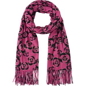 Nouka Donker Roze Dames Sjaal– Warme & Lichte Sjaal – Bloemenprint – Herfst / Winter – met Franjes – 70 x 180 cm