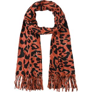 Nouka Oranje Dames Sjaal– Warme & Lichte Sjaal – Panterprint– Herfst / Winter – met Franjes – 70 x 180 cm