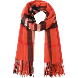 Nouka Rood / Oranje Dames Sjaal - Geruit Patroon en franjes – Dikke & Warme Sjaal – Herfst / Winter – 35 x 180 cm
