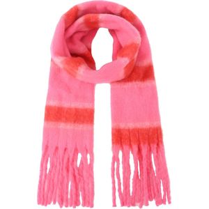 Nouka Roze & Rode Dames Sjaal – met Strepen - Dikke & Warme Sjaal – Sjaal met Franjes - Herfst / Winter – 35 x 180 cm